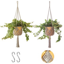 XINBOR Hanging Planter with Patterns,2Packs Macrame Plant Hangers Indoor Macrame for up to 8 inch Pot Crochet Boho Plant Hanger Holder for Indoor Outdoor with 2S Shaped Stainless Steel Hooks (Gray)