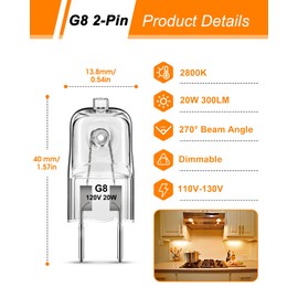 Flaspar G8 Halogen Light Bulbs, 20W G8 Bi-Pin Base Halogen Bulb, 120V Dimmable T4 JCD Type G8 Base for Microwave Hood Light Bulb, Warm White Under Cabinet Puck Lights Replacements, Xenon Bulb, 6 Pack