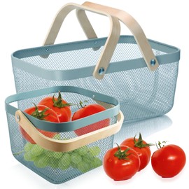Cheardia 2 Pack Picnic Baskets, Metal Mesh Harvest Basket with Foldable Wooden Handle, Rectangle Garden Storage Basket Bin for Vegetable Fruit Garden Kitchen Cabinet Picking Gathering, Blue