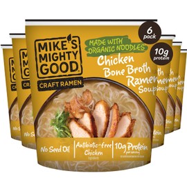 Mike’s Mighty Good Bone Broth Chicken Ramen Cup (Pack of 6) – 10g Protein Instant Ramen Noodles – Steamed Organic Noodles, Non-GMO, Seed & Palm Oil-Free – Antibiotic-Free Chicken, Rich Broth