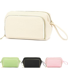 Fammart Travel Makeup Bag, Wide-open Cosmetic Bag Make Up Organizer Case with Brushes Pocket for Women, Large Family Toiletry Bag Skincare Pouch for Toiletries Accessories, Beige