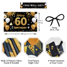PHXEY 60th Birthday Decoration Men Women Black Gold, Fabric Happy 60th Birthday Banner Backdrop, 60 Year Old Birthday Party Yard Sign Photo Props Background Decor Supplies, Sturdy(6.1 x 3.6ft)
