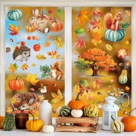 Fall Window Clings Stickers, 84Pcs Autumn Woodland Animals Maple Leaves Pumpkin Window Decals for Fall Harvest Party Home Office Decoration