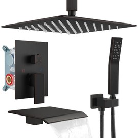 gotonovo Rain Shower System Rainfall Shower Head Combo Shower Faucet Set with Waterfall Bathtub Spout Handheld Shower Ceiling Mount Rough-in Valve Kit Included 12" Oil Rubbed Bronze