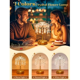 Crystal Lamp, 3 Colors 10 Brightness Vintage Lamp Cordless Lamps,3600mAh Rechargeable Lamps Flower Lamps,Room Decor for Teen Girls,Aesthetic lamp Bedroom Kitchen Bathroom