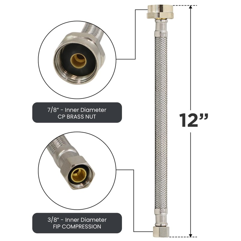HIGHCRAFT 12 Inch Flexible Toilet Water Supply Line Braided Stainless
