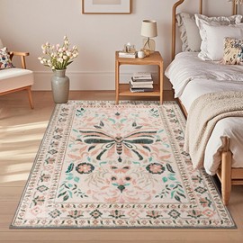 Geanlod Butterfly Washable Rugs 4x6, Modern Floral Rugs for Living Room Non Slip, Boho Soft Insect Bedroom Area Carpets Low Pile Floor Carpet for Bedside Laundry Dorm Nursery Bathroom, Orange