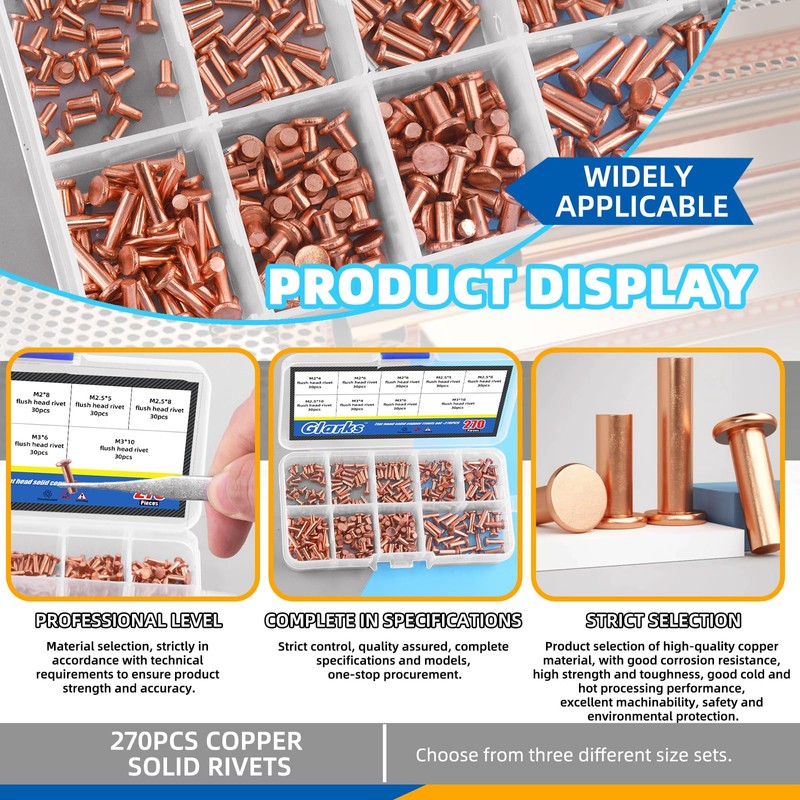 Glarks 270Pcs M2 M2.5 M3 Flat Head Solid Rivets, 9