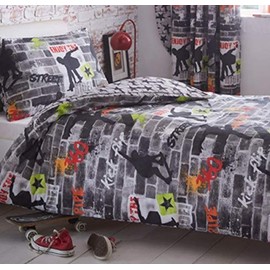 Kidz Club Teenagers Single Duvet Pillowcase Bed Cool Skateboards and Graffiti Quilt Cover Set In Grey-Tricks, Polyester-Cotton