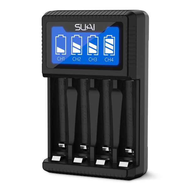 SUKAI 4 Slots Ni-MH AA/AAA Battery Charger LCD Smart Rechargeable Battery Charger USB Port with Micro USB Cable-Fast Charging,No Adapter