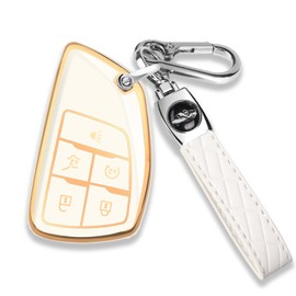 QBUC for Chevy Key Fob Cover with Keychain Soft TPU Protection Case Compatible with 2021-2026 Chevy Equinox Blazer Tahoe Suburban GMC Yukon Denali Silverado 5-Buttons(Gold Trim White)
