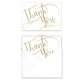Gold Foil Thank You Note Cards / 50 Thank You Card Set / 3 1/2" x 4 7/8" Blank Inside Thanks Greeting Cards / 50 Thank You Cards And Blank White Envelopes
