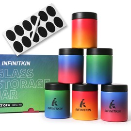 INFINITKIN Glass Storage Jar (4 oz) – 6 Pack Gradient Glass Storage Containers with Child-Resistant Lids, Includes Chalkboard Labels & Marker – Ideal for Herbs, Spices, Coffee, Tea
