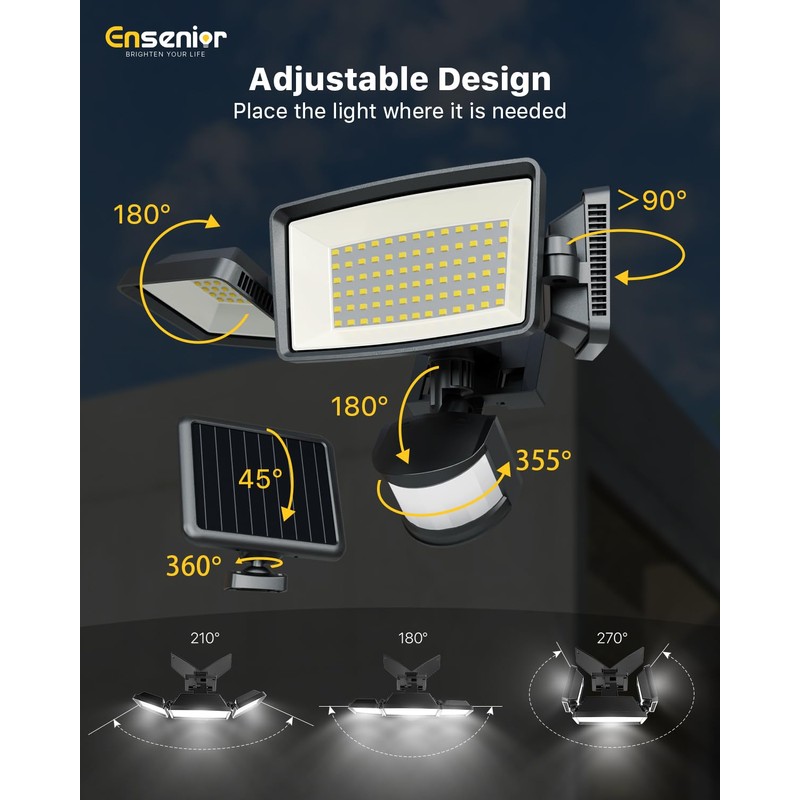 Ensenior 5 Motion Sensor Modes Solar Security Light, 1800LM 270°