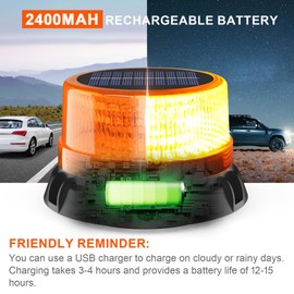 AnTom Solar LED Wireless Strobe Lights, Waterproof Rechargeable Amber Beacon Light with Strong Magnetic Base, Warning Rotating Flashing for Working Vehicle