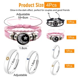 EOWVISN 2 Pieces Braided Leather Bracelets and 2 Pieces Luminous Rings, Adjustable Bracelets, Sun and Moon Themed Jewelry, Couple Jewelry.