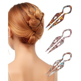 French Hair Pins 3 pcs,Acrylic Hair Forks for Effortless Bun Updo Chignons & French Twists, Serrated Anti-Slip Design, Curved Angle for Better Head Fit, Chopsticks Styling Hair Accessories for Women