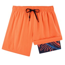 Cozople Mens Swim Trunks Anti-Chafe Board Shorts 5.5 inch Tangerine Stretch Swim Trunks with Compression Liner Summer Hawaiian Swim Shorts Beach Wear M