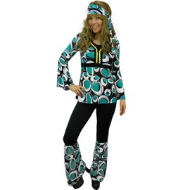 Yummy Bee Hippy Plus Size 6-18 Fancy Dress Costume 60s 70s Ladies Flower Power Hippie Adult Gogo Disco (Turquoise, Women: 8, M)