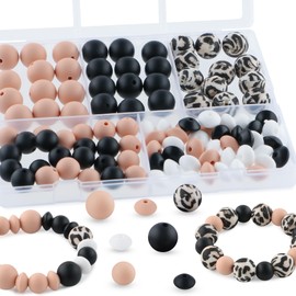 Kovict 100PCS Silicone Beads Bulk, Black Peach Leopard Print Silicone Beads 15mm and 12mm for Keychains and Bracelets Making