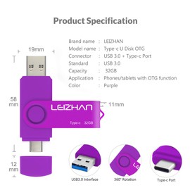 LEIZHAN USB Stick Type C Memory Stick 32GB Flash Drive OTG (On The Go) 2-in-1 USB C Memory Stick for Type-C Smart Phone and MacBook (32GB, Purple)