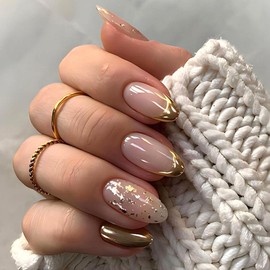 Gold French Tip Press on Nails Medium Almond Fake Nails with Gold Foil Designs Gel Glue on Nails Glossy False Nails Press ons Artificial Acrylic Nails Reusable Stick on Nails for Women 24Pcs