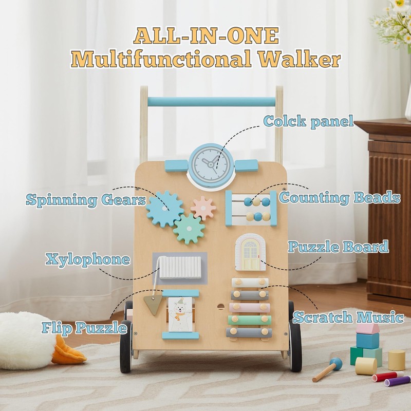 Wooden Baby Walker, Baby Push Walker Adjustable Height and Speed