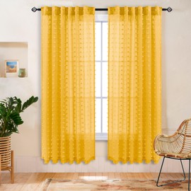 DANCURTON Pom Pom Mustard Yellow Sheer Curtains 63 Inch Length for Bedroom Decor Set of 2 Panels Semi Sheer Gold Yellow Drapes for Bay Window Kitchen Kids Nursery Girls Room Back Tab Rod Pocket 52x63