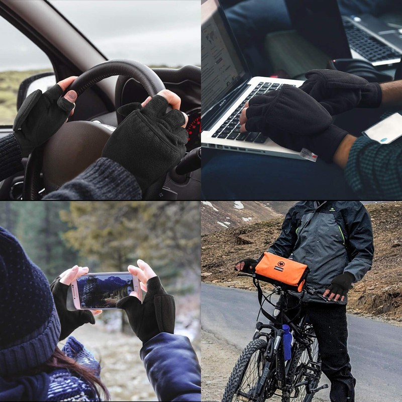 OZERO Winter Fingerless Gloves: Flip Top Convertible Mittens Thermal Windproof