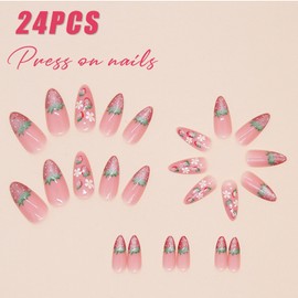 Boloshine 24 Pcs False Nails Medium Length, Cat Eye Strawberry Press on Nails Almond in 12 Sizes, Reusable Full Cover Acrylic Stick on Nails Tips Fake Nails for Girls Women Nails Art