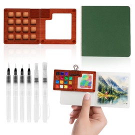 TartYo Mini Watercolor Paint Set, Portable Paint Palette Travel Kit, 15 Grid Wooden Paint Box, Watercolor Paper Pad Sketch Book with Brush Pens, Binder Clips for Painters Artists Students