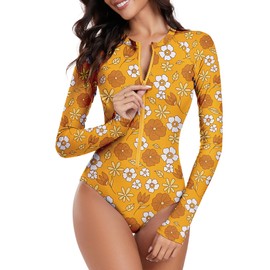 Century Star Long Sleeve Swimsuits Women 2024 Rash Guard UPF 50+ One Piece Surfing Modest Full Coverage Zipper Bathing Suit, Yellow White Flower, 4-6