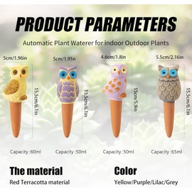 4 Pack Handmade Terracotta Owl Watering Spikes and Globes, Self-Watering Plant Devices with Slow Release System for Continuous Moisture, Perfect Water Bulbs for Indoor and Outdoor Plants Vacation Use