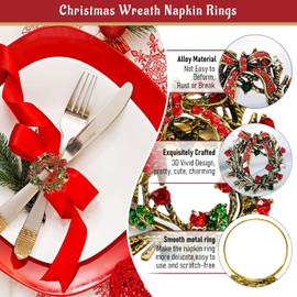 LATERN Pack of 8 Christmas Napkin Rings, Gold Christmas Wreath Napkin Holder, Christmas Napkin Buckle with Rhinestones for Christmas, Thanksgiving, Party, Holiday, Wedding, Table Decoration (4 cm x 4