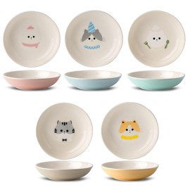 Juego de cuencos de cerámica para gatos, 5.5 pulgadas de ancho, aptos para la fatiga, 5 platos coloridos para gatitos con bonito patrón para agua húmeda y seca