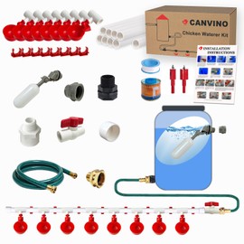 CANVINO Automatic Chicken Waterer System (45 Accessories Included), Complete PVC Pipelines Set with Chicken Water Cups, Float Valve and Garden Hose, DIY Chicken Watering System (No Bucket Included)