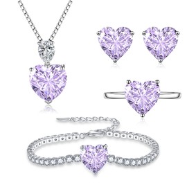 Loutade Silver Jewellery Set for Women, 925 Sterling Silver 4 PCS Fashion Heart Necklace Earrings Ring Bracelet Set, Heart-shaped Jewellery for Women Set with Purple Cubic Zirconia for Girlfriend