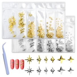 HENGBIRD Gold Silver Star Nail Charms Y2K Star Charms Nails Metal Stars Nail Charms Mixed Size Shape Nail Studs Star Nail Design Nail Art Charms 3D Stars Nail Decoration Nails Charms Nails