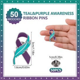 WANDIC 50 PCS Teal Purple Ribbon Feather Brooches, Suicide Prevention Epilepsy Awareness Lapel Pins Enamel Hope Badges for Social Charity Activities