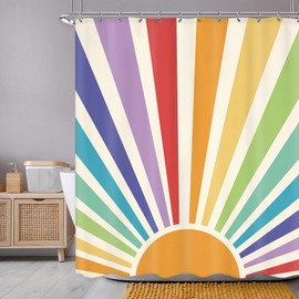 Newsely Boho Vintage Sun 70s Shower Curtain 60Wx72H Inch Retro Rainbow Cute Sunshine Sunrise Sunset Colorful Abstract Shower Curtain Set Aesthetic Waterproof Bath Decoration Accessories Home Decor