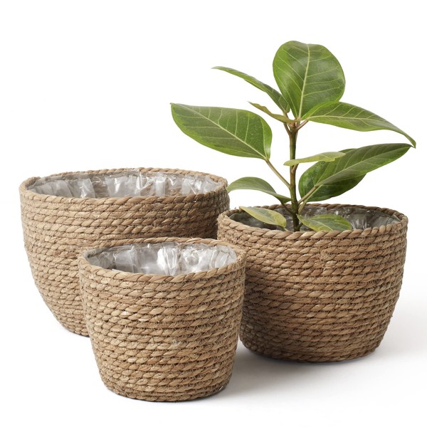 La Jolíe Muse Seagrass Planter Basket Indoor, Flower Pots Cover, Plant Containers, Natural(3-Pack) 10.2"+8.7"+6.7"