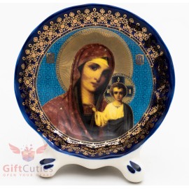 Porcelain decal gzhel gold plated Christian Icon Our Lady of Kazan Казанская БМ