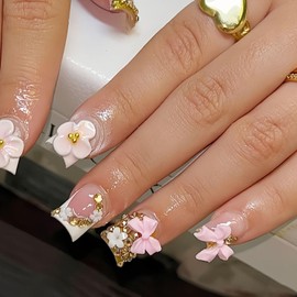 Square Press on Nails Medium Fake Nails with 3D Rhinestones Bow Glitter Flower Design French Tip Nails Press ons Glossy Glue on Nails Pink Acrylic Nails Gold False Nails Stick on Nails for Women 24Pcs
