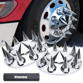 Vitonsbay 2 Front Spiked Axle Wheel Covers - 2 Front Axle Hub Covers with 33mm Thread-On Chrome Lug Nut Covers for Semi Truck (Installation Tool Included)