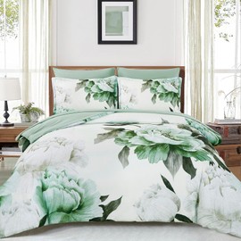 Dobuyly Green Queen Comforter Set 7 Piece Bed in a Bag Queen, Sage Green Floral Printed Comforter Set with Sheets, Soft Microfiber Botanical Flower Complete Bedding Set for All Season