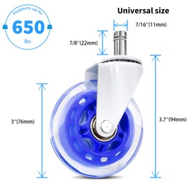 Office Chair Wheels Replacement,(Set of 5) 3'' Wheels Smooth Rolling Heavy Duty Casters Safe for All Floors Including Hardwood - Universal Stem 7/16 Inch, Blue