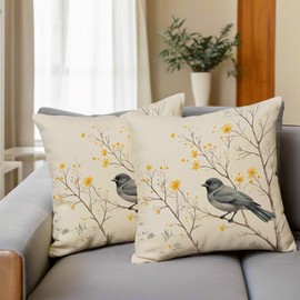 Fukeen Watercolor Ink Painting Bird Throw Pillow Covers 16x16 Inch Set of 2 Spring Flower Tree Painted Pillow Cases Rustic Farmhouse Decorative Cushion Covers for Sofa Couch