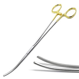 AAProTools 12" Long Curved Hemostat Forceps Gold Rings - Stainless Steel Locking Tweezer Clamps - Ideal Hemostats for Nurses, Fishing Forceps, Crafts and Hobby