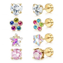 Tupmi 4Pairs Hypoallergenic Earrings for Women 316L Surgical Steel Heart Flower Star CZ Screw Back Stud Earrings 20G Flat Back Cartilage Earrings Set for Sensitive Ears (Gold)