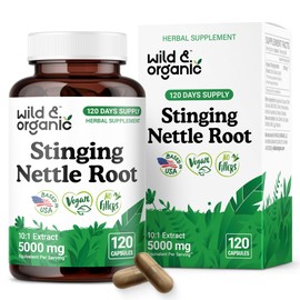 Wild & Organic Stinging Nettle Root Capsules - Urinary Support Supplement for Men & Women - 10:1 Stinging Nettle Root Extract - 120 Vegan Capsules - 120 Days Supply - Gluten-Free, No Fillers